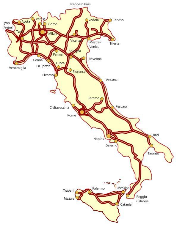 Ділянки автомагістралей в Італії - карта